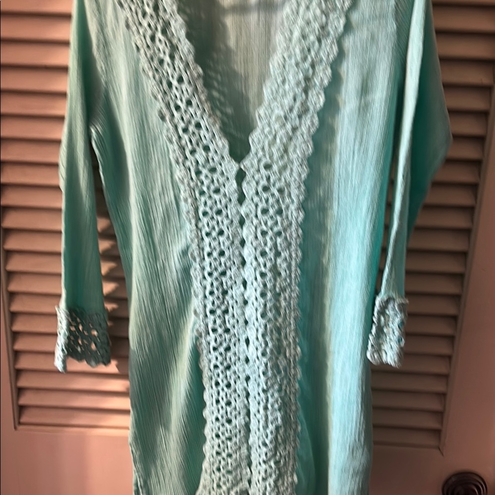Elegant  sheer Jade green Crochet Trim Tunic